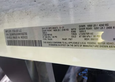 2021 Ram Promaster 3500 Cargo Van High Roof 159 Wb Ext из США, поврежденный, VIN 3C6MRVJG6ME550730